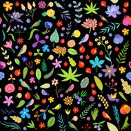 Seamless pattern with leaves berries birds and flowers in vector N2