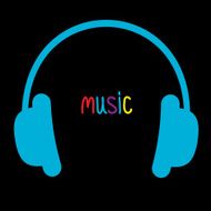 Blue headphones and colorful word Music Card