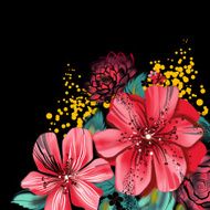 Pink flowers in watercolor technique Russian decorative style khokhloma