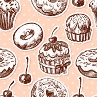 Seamless texture sweets donut biscuit on background polka dots N3