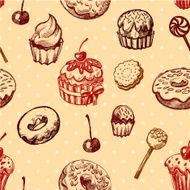 Seamless texture sweets donut biscuit on background polka dots N4