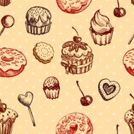 Seamless texture sweets donut biscuit on background polka dots N5