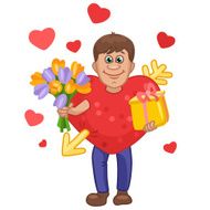 Man in a heart suit with flowers and gift hands