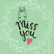 cute card with owls and floral elements in green color
