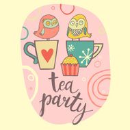 Cartoon funny card with cupcake owl and tea cups