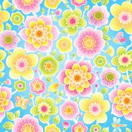 Bright floral seamless pattern with butterfly dragonfly on blue background