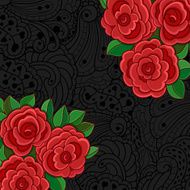 Black background with red roses and leaves