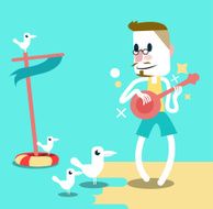 Man playing guitar on the beach with seagulls