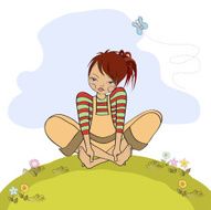 romantic girl sitting barefoot in the grass N3