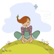 romantic girl sitting barefoot in the grass N11