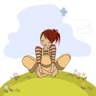romantic girl sitting barefoot in the grass N12