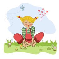 romantic girl sitting barefoot in the grass N14