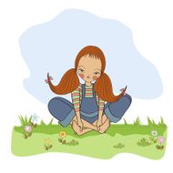 romantic girl sitting barefoot in the grass N15