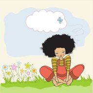 romantic girl sitting barefoot in the grass N16
