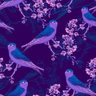 Seamless spring cherry pattern with birds N3