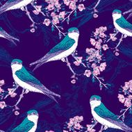 Seamless spring cherry pattern with birds N4