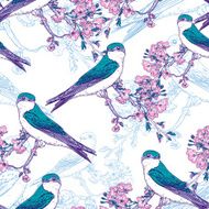 Seamless spring cherry pattern with birds N5