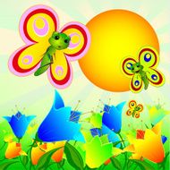 Summer sunny landscape with flowers and butterflies