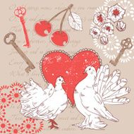 Valentine romantic retro postcard with hearts and doves