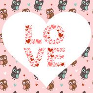 Valentine love card with owls and hearts