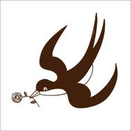 Swallow with rose isolated on white
