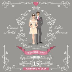 Wedding invitation Cartoon bride groom Swirl elements ribbons