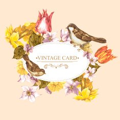 Spring Floral Retro Card with Bird Sparrows N4