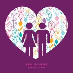 Vector colorful tulip flowers couple in love silhouettes frame pattern