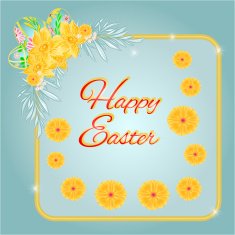Frame easter eggs and daffodils turquoise background vector