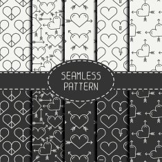 Set of monochrome romantic geometric seamless pattern with hearts Tiling