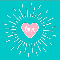 Pink shining heart word love inside Sun effect Flat