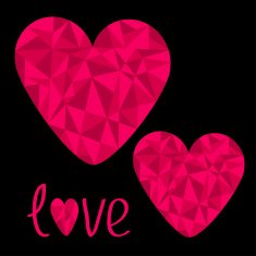 Two pink hearts Polygonal effect Love card Black background