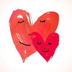 Two watercolor painted hearts with faces