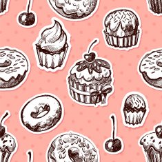 Seamless texture sweets donut biscuit on background polka dots