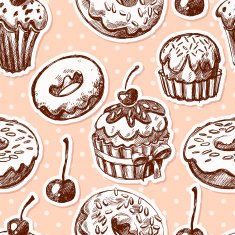Seamless texture sweets donut biscuit on background polka dots N3