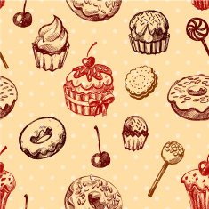 Seamless texture sweets donut biscuit on background polka dots N4