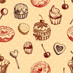 Seamless texture sweets donut biscuit on background polka dots N5