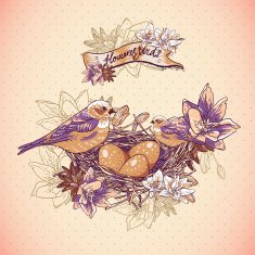 Vintage floral background with birds and nest N2