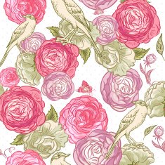Rose Seamless Background with Birds
