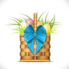 Wooden basket with grass and easter eggs - illustration