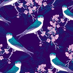 Seamless spring cherry pattern with birds N4