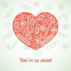 Greeting card with heart and candies
