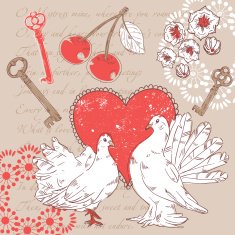 Valentine romantic retro postcard with hearts and doves
