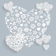 White Lace Wedding Flower Hearts on Grey Blue Background