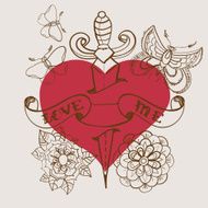 Old-school style tattoo heart with flowers and dagger Valentine