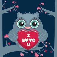 Love owl on the tree branch holding a heart