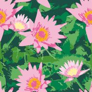 Seamless pattern with pink lotus flowers and green leaves vecto