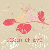 Romantic card with birds in leafs and flowers