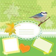Vintage frame with bird and leafs against polka dot background