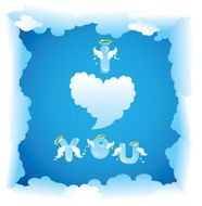 Postcard for Valentine`s Day with funny angels letters and clouds